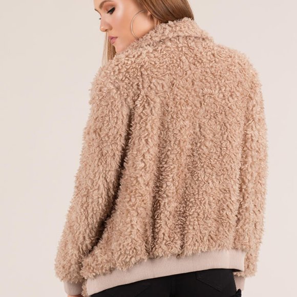 Tan Faux Fur Bomber Jacket - Picture 4 of 6